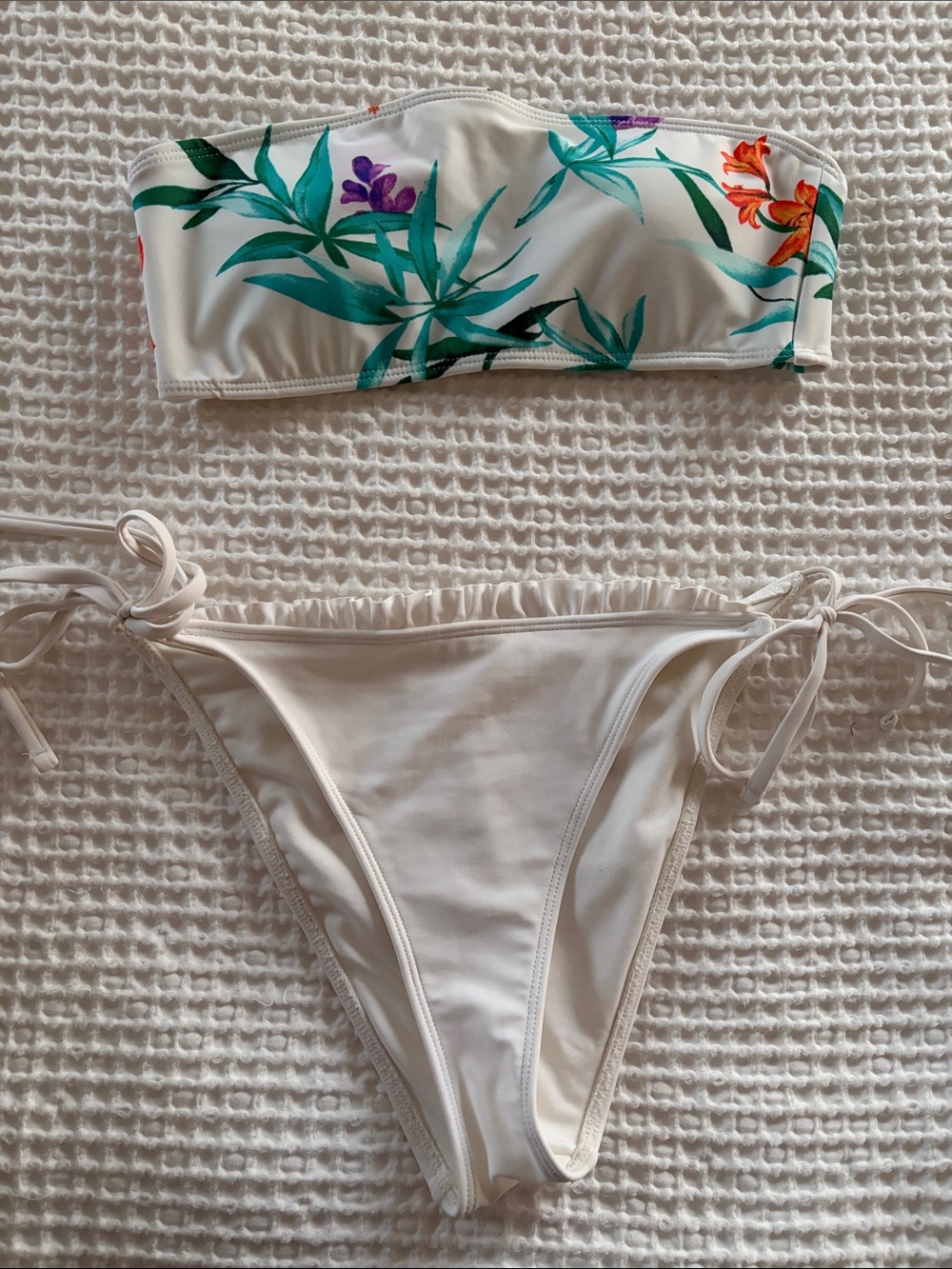 Floral Bandeau & White Tie-Side Bikini Set